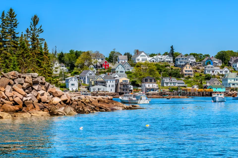 Colorful waterfront homes in Maine finshing village